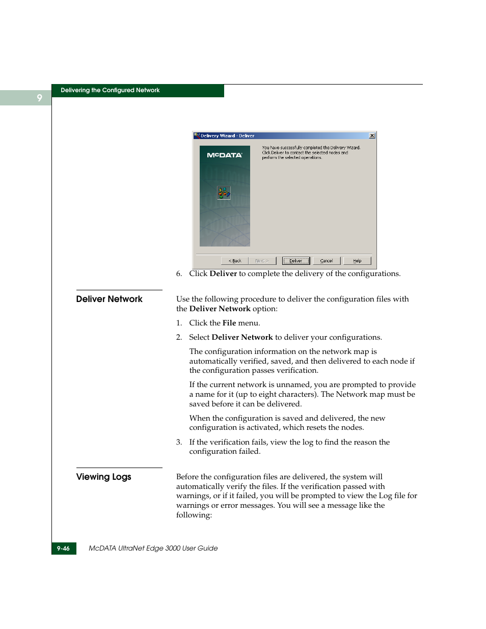 Deliver network, Viewing logs, Deliver network -46 viewing logs -46 | McDATA ULTRANETTM EDGE STORAGE ROUTER 3000 User Manual | Page 254 / 428