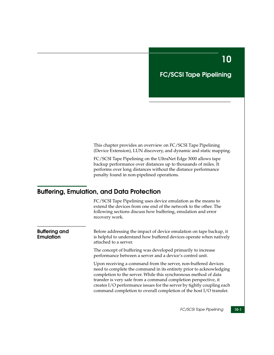Fc/scsi tape pipelining, Buffering, emulation, and data protection, Buffering and emulation | Chapter 10, Buffering, emulation, and data protection -1, Buffering and emulation -1, R to | McDATA ULTRANETTM EDGE STORAGE ROUTER 3000 User Manual | Page 257 / 428