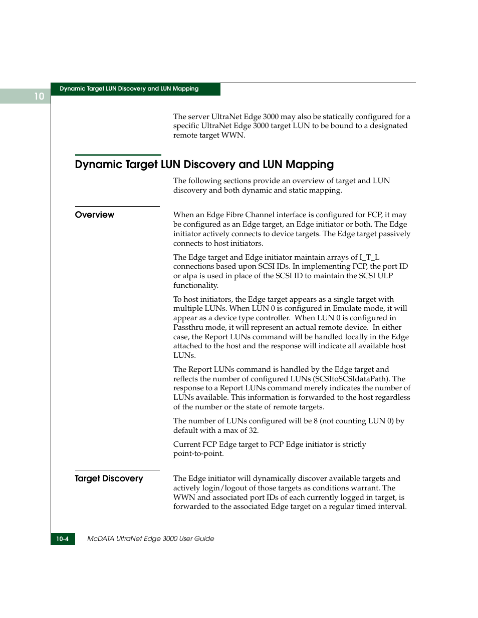 Dynamic target lun discovery and lun mapping, Overview, Target discovery | Dynamic target lun discovery and lun mapping -4, Overview -4 target discovery -4 | McDATA ULTRANETTM EDGE STORAGE ROUTER 3000 User Manual | Page 260 / 428