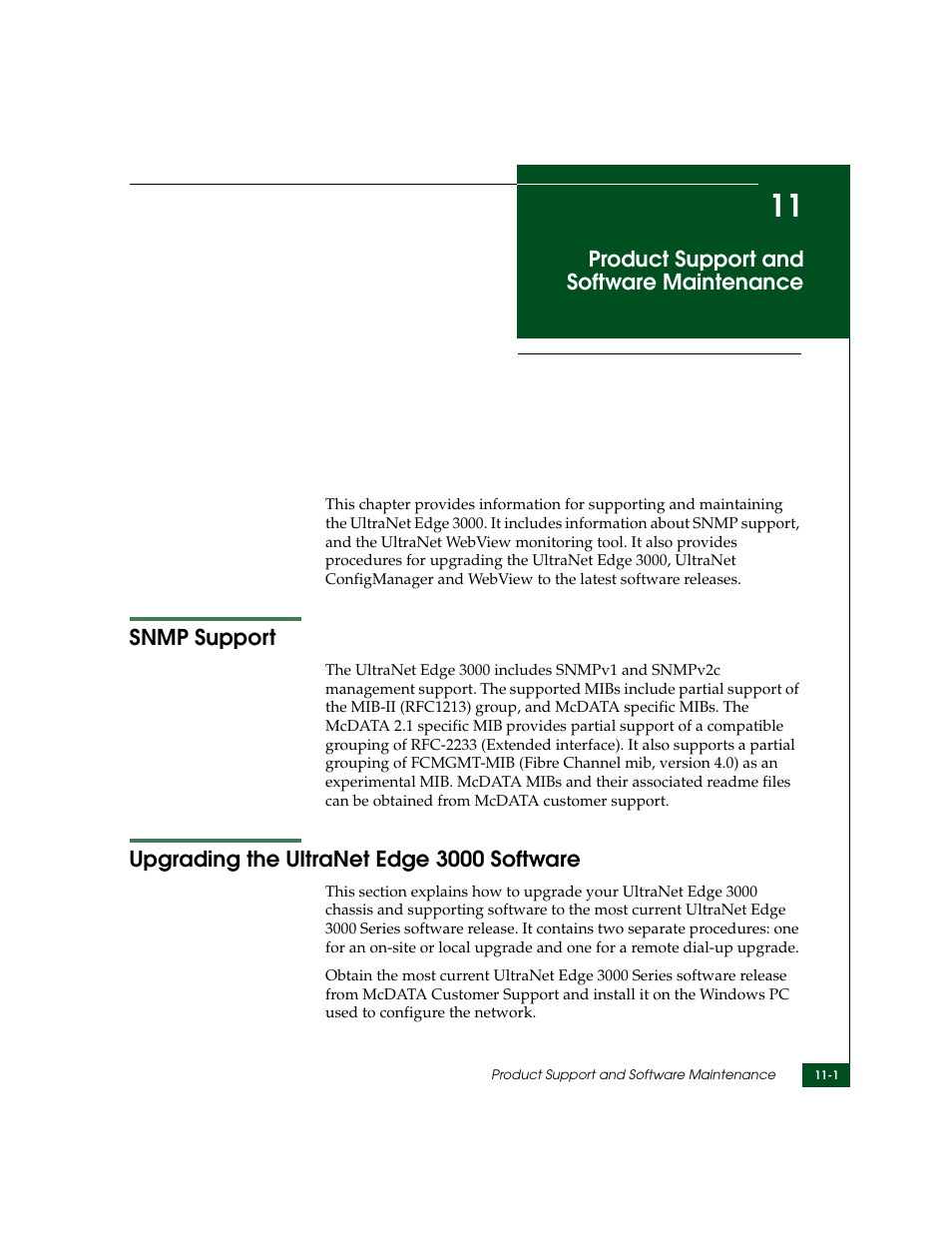 Product support and software maintenance, Snmp support, Upgrading the ultranet edge 3000 software | Chapter 11 | McDATA ULTRANETTM EDGE STORAGE ROUTER 3000 User Manual | Page 263 / 428