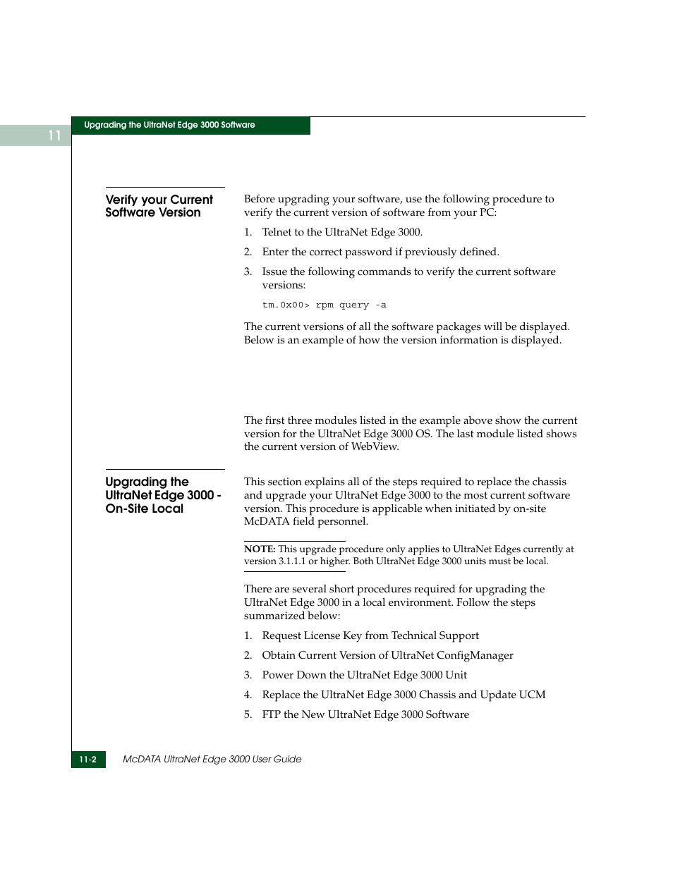Verify your current software version, Upgrading the ultranet edge 3000 - on-site local | McDATA ULTRANETTM EDGE STORAGE ROUTER 3000 User Manual | Page 264 / 428