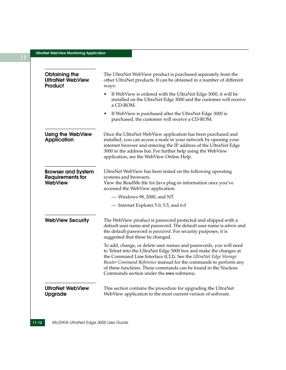 Obtaining the ultranet webview product, Using the webview application, Browser and system requirements for webview | Webview security, Ultranet webview upgrade | McDATA ULTRANETTM EDGE STORAGE ROUTER 3000 User Manual | Page 274 / 428