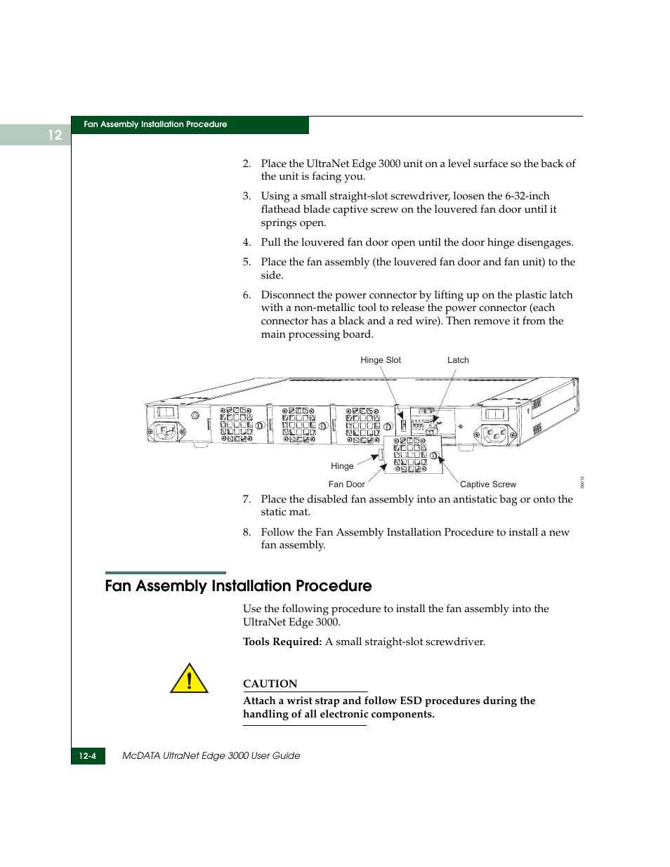Fan assembly installation procedure, Fan assembly installation procedure -4 | McDATA ULTRANETTM EDGE STORAGE ROUTER 3000 User Manual | Page 282 / 428