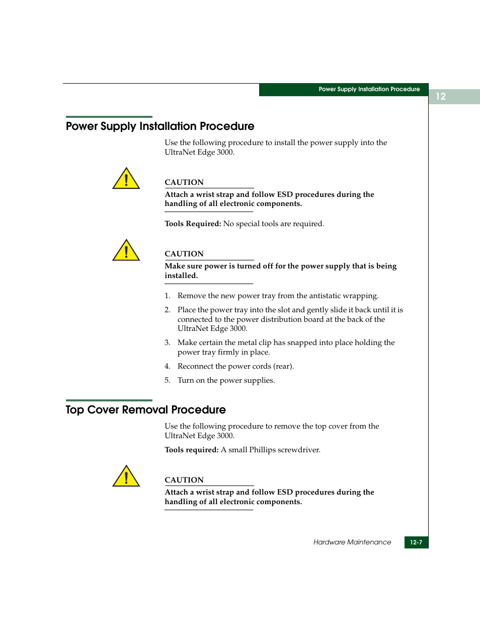 Power supply installation procedure, Top cover removal procedure | McDATA ULTRANETTM EDGE STORAGE ROUTER 3000 User Manual | Page 285 / 428