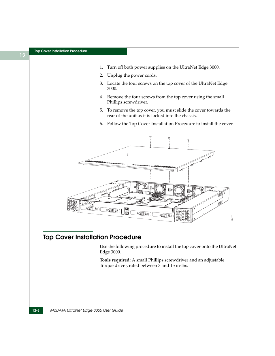 Top cover installation procedure, Top cover installation procedure -8 | McDATA ULTRANETTM EDGE STORAGE ROUTER 3000 User Manual | Page 286 / 428