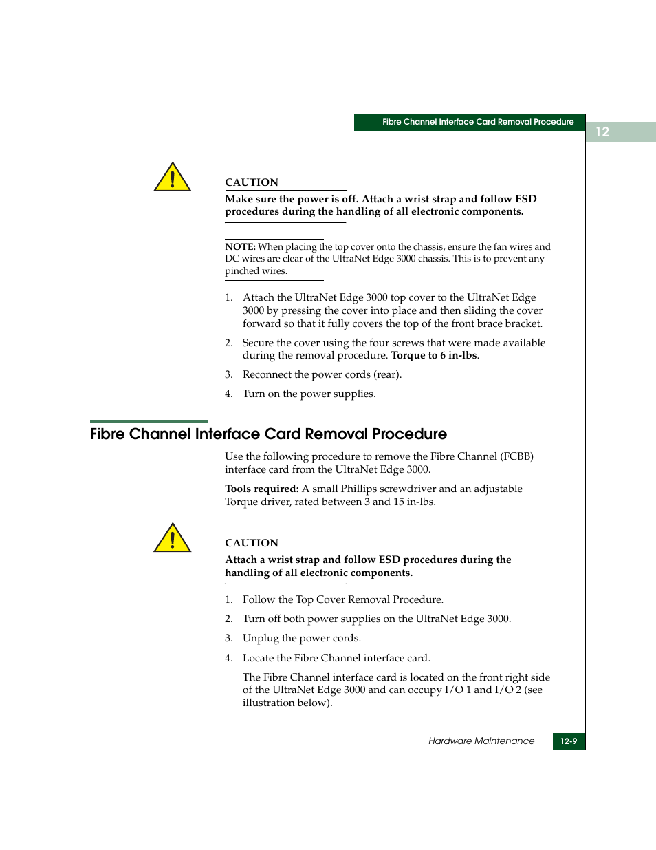 Fibre channel interface card removal procedure, Fibre channel interface card removal procedure -9, Fibre channel interface card | McDATA ULTRANETTM EDGE STORAGE ROUTER 3000 User Manual | Page 287 / 428