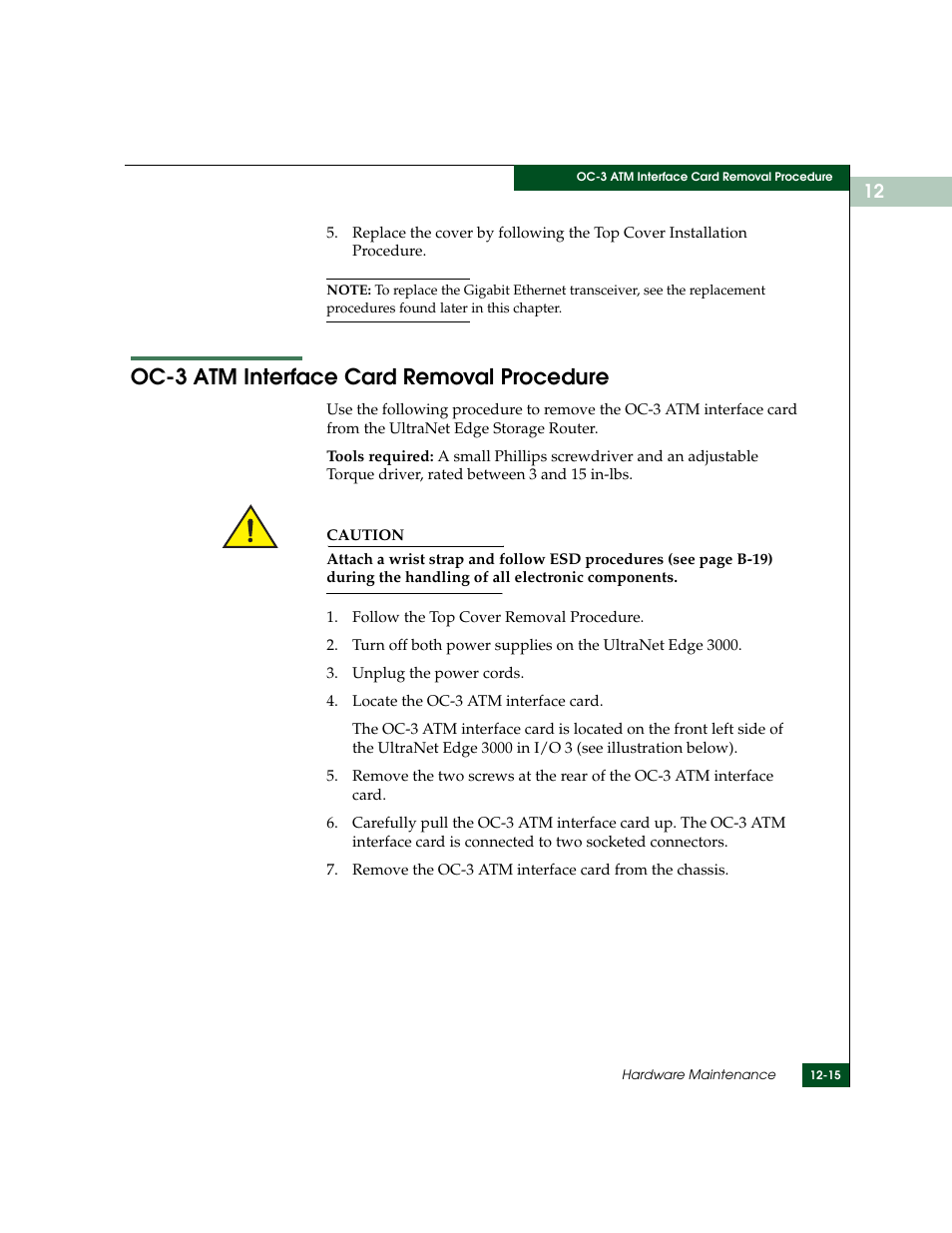 Oc-3 atm interface card removal procedure, Oc-3 atm interface card removal procedure -15, Oc-3 atm interface card | McDATA ULTRANETTM EDGE STORAGE ROUTER 3000 User Manual | Page 293 / 428