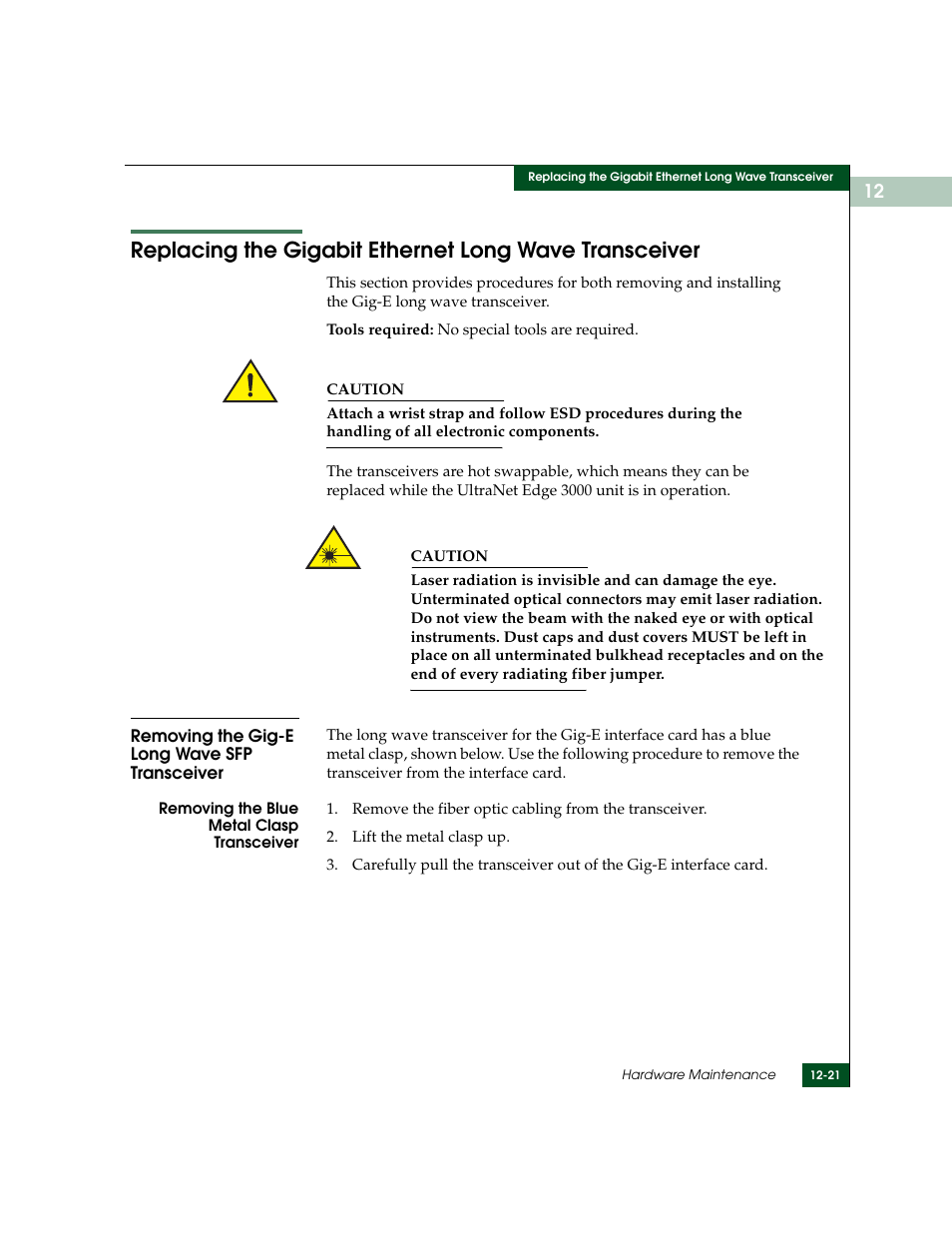Removing the gig-e long wave sfp transceiver, Removing the gig-e long wave sfp transceiver -21, Gigabit ethernet long wave sfp transceiver | McDATA ULTRANETTM EDGE STORAGE ROUTER 3000 User Manual | Page 299 / 428