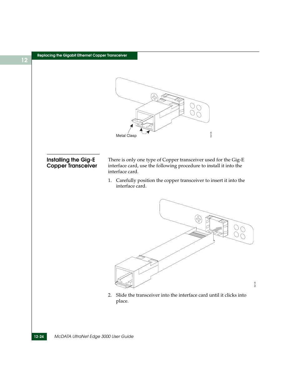 Installing the gig-e copper transceiver, Installing the gig-e copper transceiver -24 | McDATA ULTRANETTM EDGE STORAGE ROUTER 3000 User Manual | Page 302 / 428