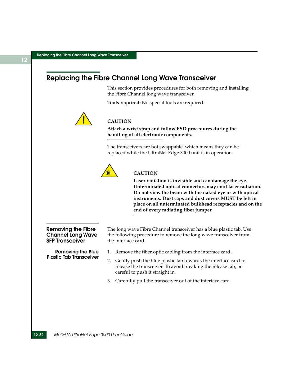 Replacing the fibre channel long wave transceiver, Fibre channel long wave sfp transceiver | McDATA ULTRANETTM EDGE STORAGE ROUTER 3000 User Manual | Page 310 / 428