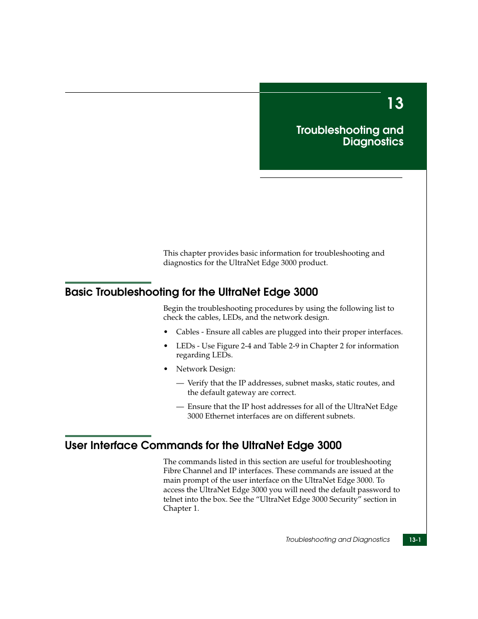 Troubleshooting and diagnostics, Basic troubleshooting for the ultranet edge 3000, User interface commands for the ultranet edge 3000 | Chapter 13 | McDATA ULTRANETTM EDGE STORAGE ROUTER 3000 User Manual | Page 313 / 428