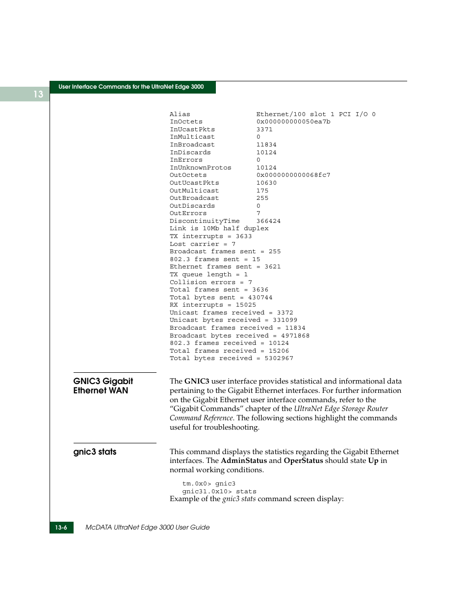 Gnic3 gigabit ethernet wan, Gnic3 stats, Gnic3 gigabit ethernet wan -6 gnic3 stats -6 | McDATA ULTRANETTM EDGE STORAGE ROUTER 3000 User Manual | Page 318 / 428