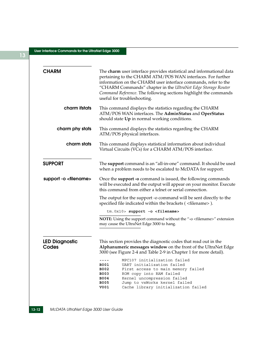 Charm, Support, Led diagnostic codes | Charm -12 support -12 led diagnostic codes -12 | McDATA ULTRANETTM EDGE STORAGE ROUTER 3000 User Manual | Page 324 / 428