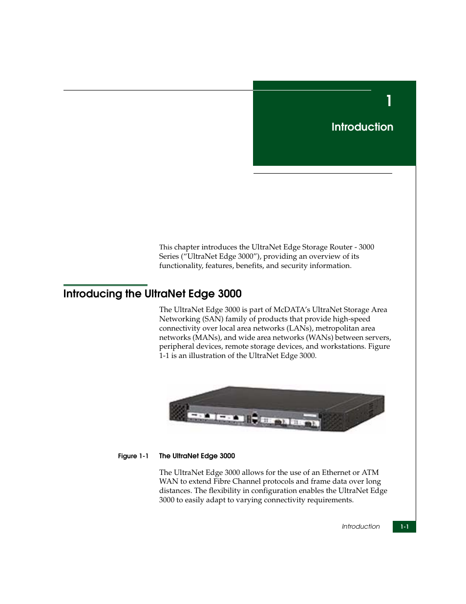 Introduction, Introducing the ultranet edge 3000, Chapter 1 | Introducing the ultranet edge 3000 -1, The ultranet edge 3000 -1 | McDATA ULTRANETTM EDGE STORAGE ROUTER 3000 User Manual | Page 33 / 428