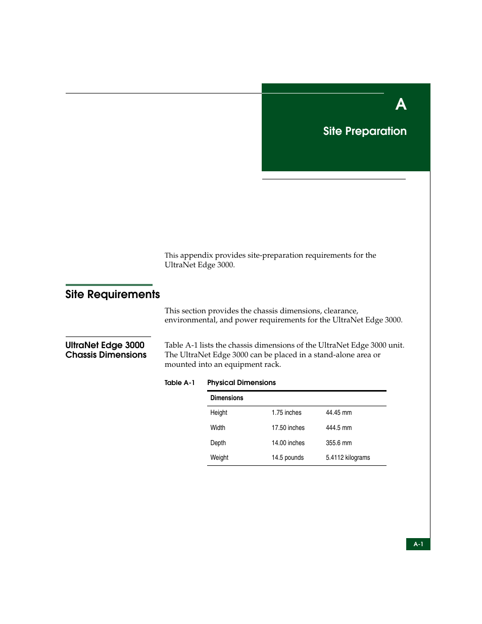 Site preparation, Site requirements, Ultranet edge 3000 chassis dimensions | Appendix a | McDATA ULTRANETTM EDGE STORAGE ROUTER 3000 User Manual | Page 343 / 428