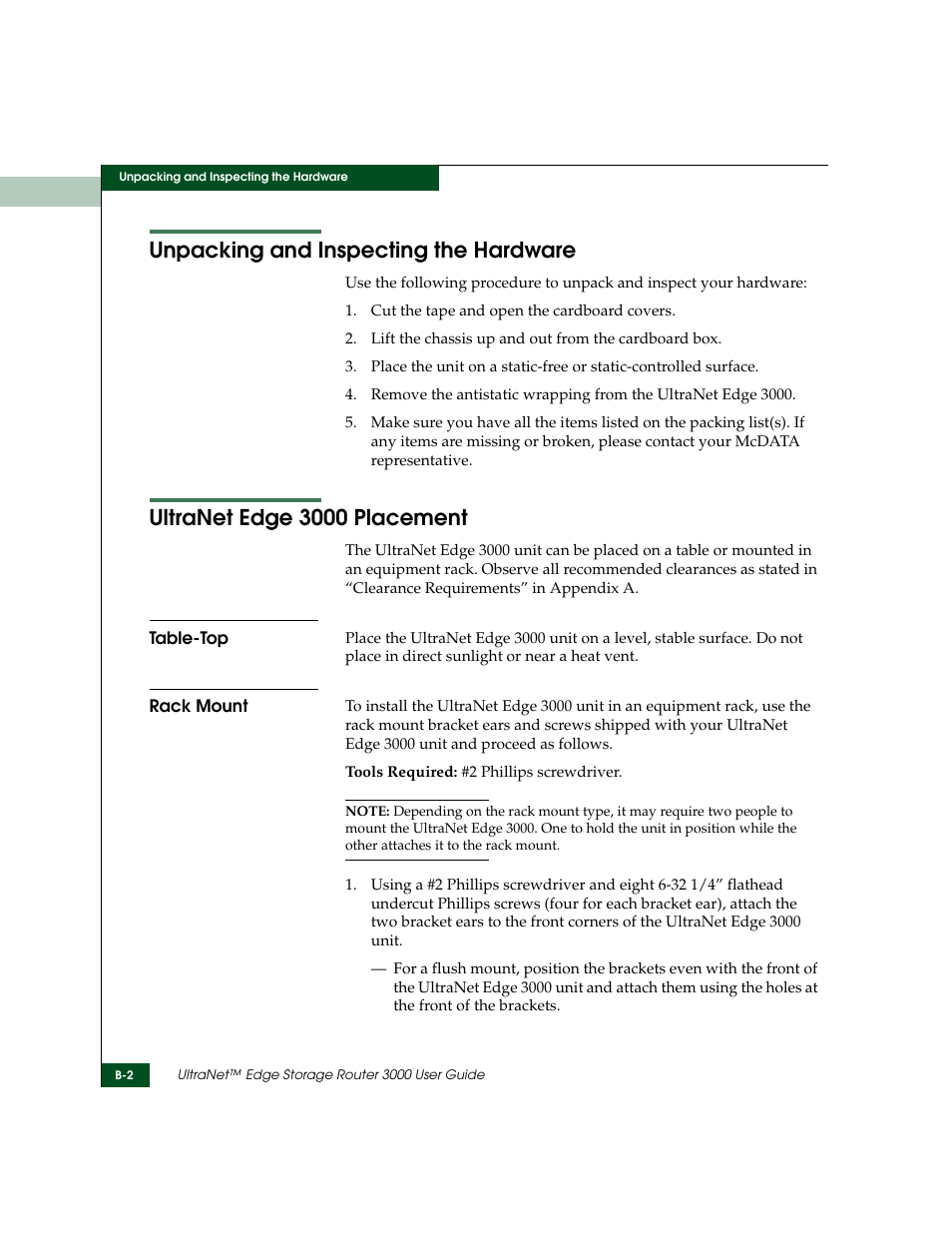 Unpacking and inspecting the hardware, Ultranet edge 3000 placement, Table-top | Rack mount | McDATA ULTRANETTM EDGE STORAGE ROUTER 3000 User Manual | Page 348 / 428
