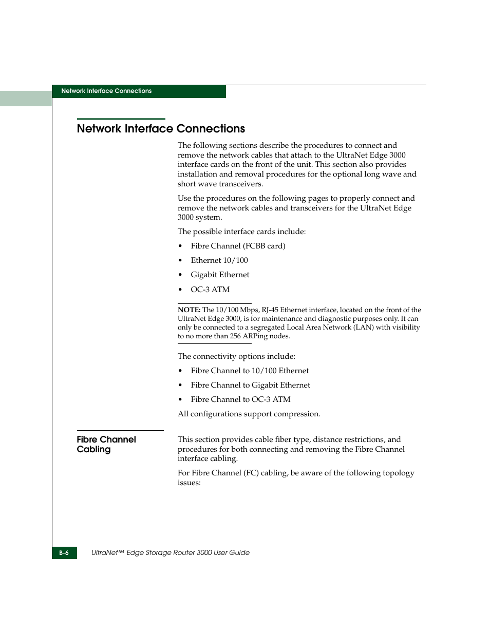 Network interface connections, Fibre channel cabling | McDATA ULTRANETTM EDGE STORAGE ROUTER 3000 User Manual | Page 352 / 428
