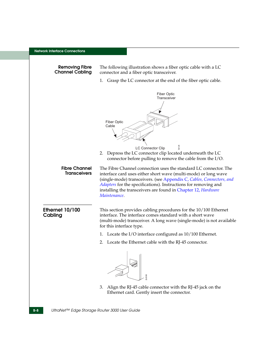 Ethernet 10/100 cabling | McDATA ULTRANETTM EDGE STORAGE ROUTER 3000 User Manual | Page 354 / 428