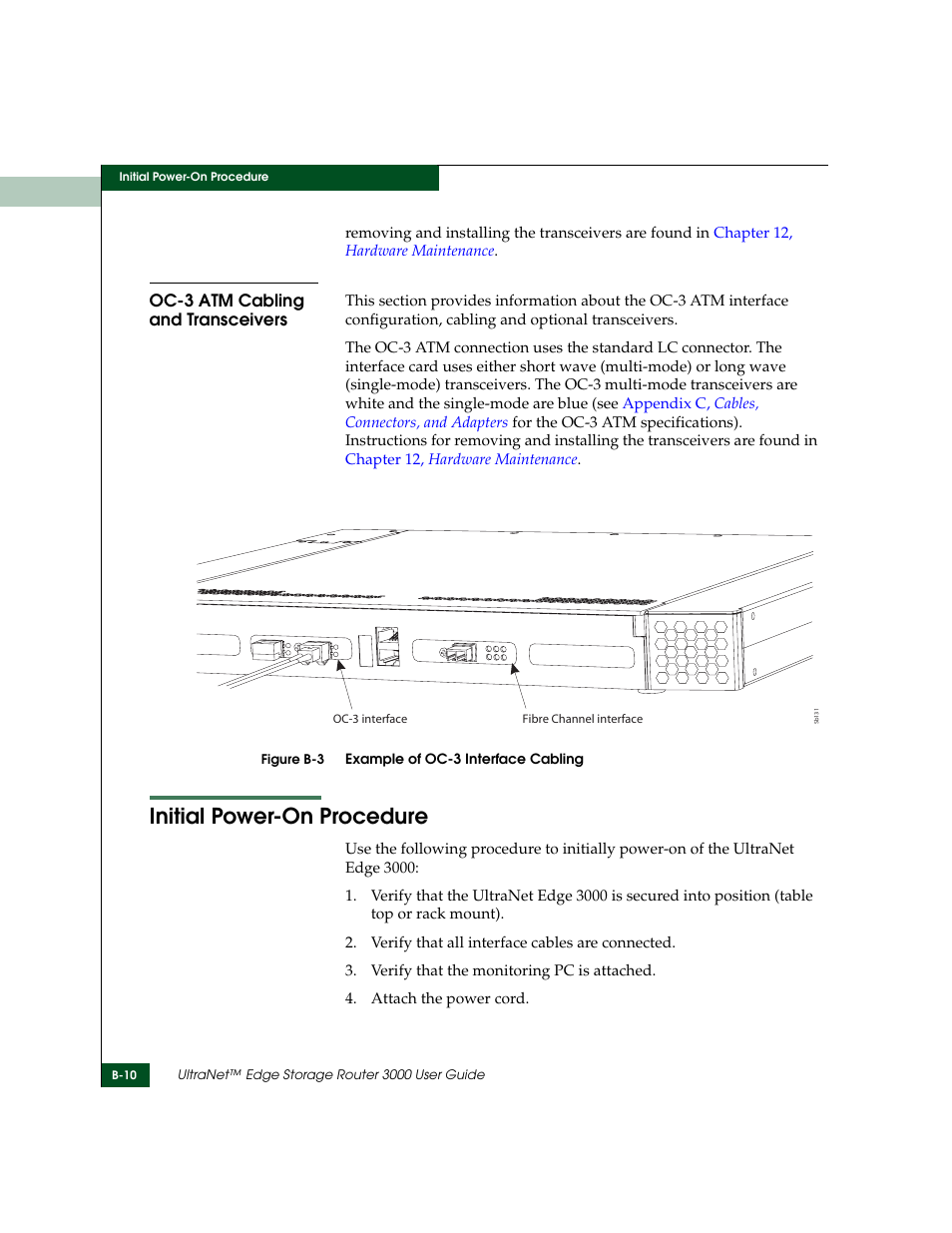 Oc-3 atm cabling and transceivers, Initial power-on procedure | McDATA ULTRANETTM EDGE STORAGE ROUTER 3000 User Manual | Page 356 / 428