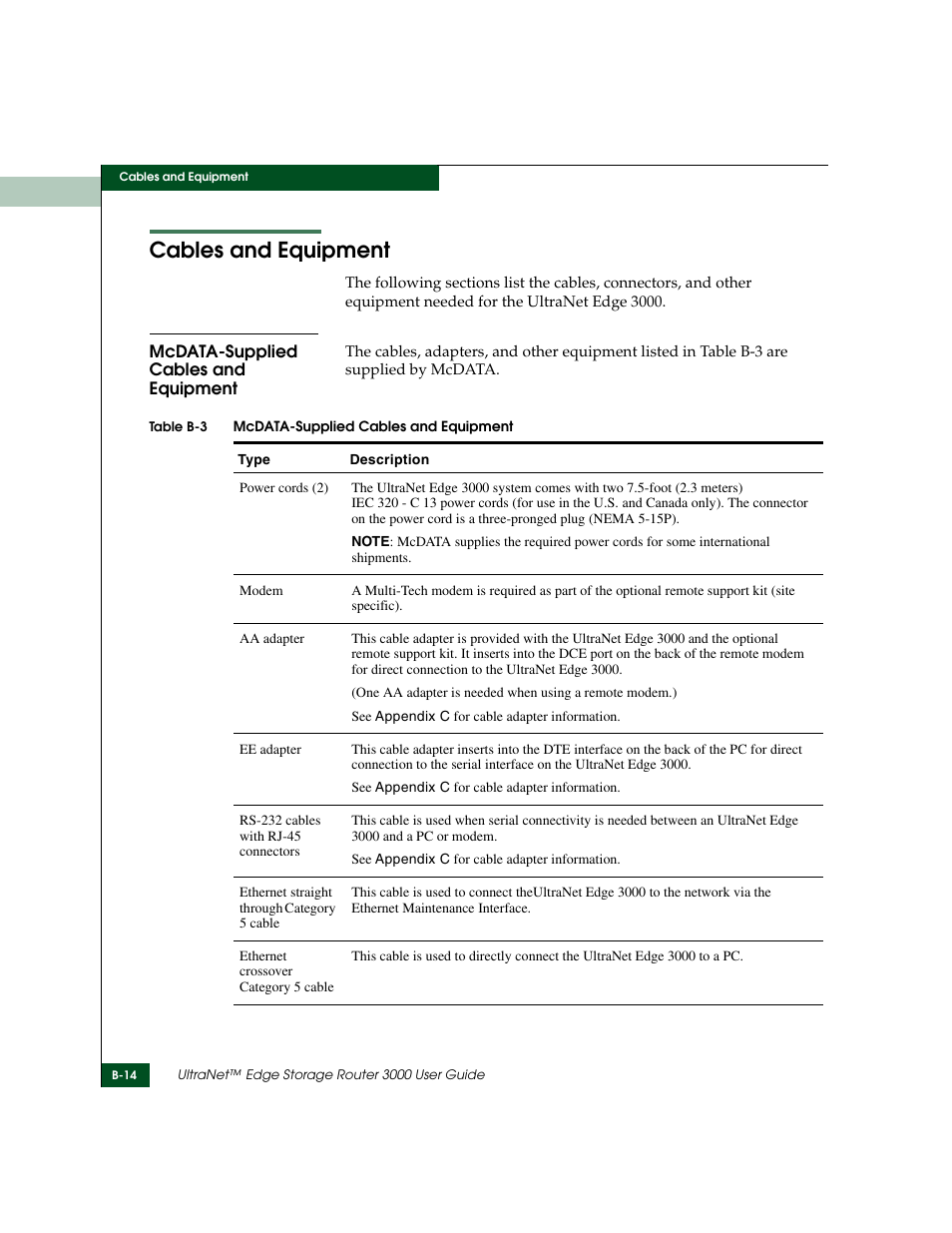 Cables and equipment, Mcdata-supplied cables and equipment, Cables and equipment” on | McDATA ULTRANETTM EDGE STORAGE ROUTER 3000 User Manual | Page 360 / 428