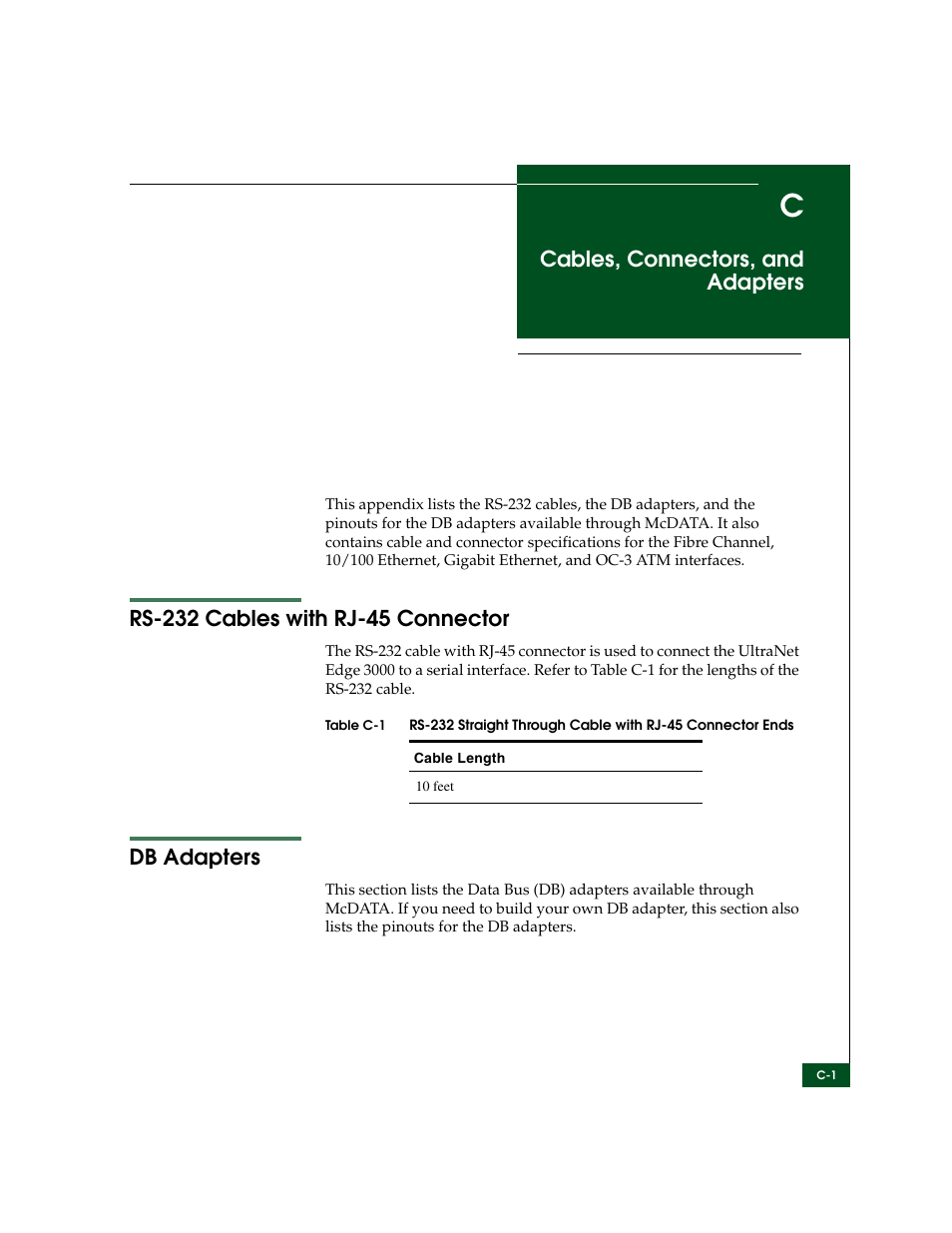 Cables, connectors, and adapters, Rs-232 cables with rj-45 connector, Db adapters | Appendix c, Appendix c, cables, connectors, and, Adapters, Appendix c, cables, Connectors, and adapters | McDATA ULTRANETTM EDGE STORAGE ROUTER 3000 User Manual | Page 363 / 428