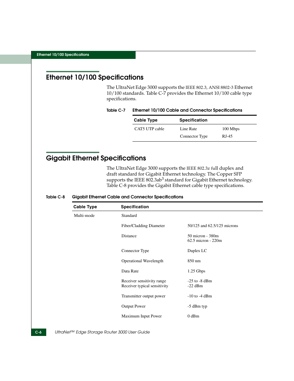 Ethernet 10/100 specifications, Gigabit ethernet specifications | McDATA ULTRANETTM EDGE STORAGE ROUTER 3000 User Manual | Page 368 / 428