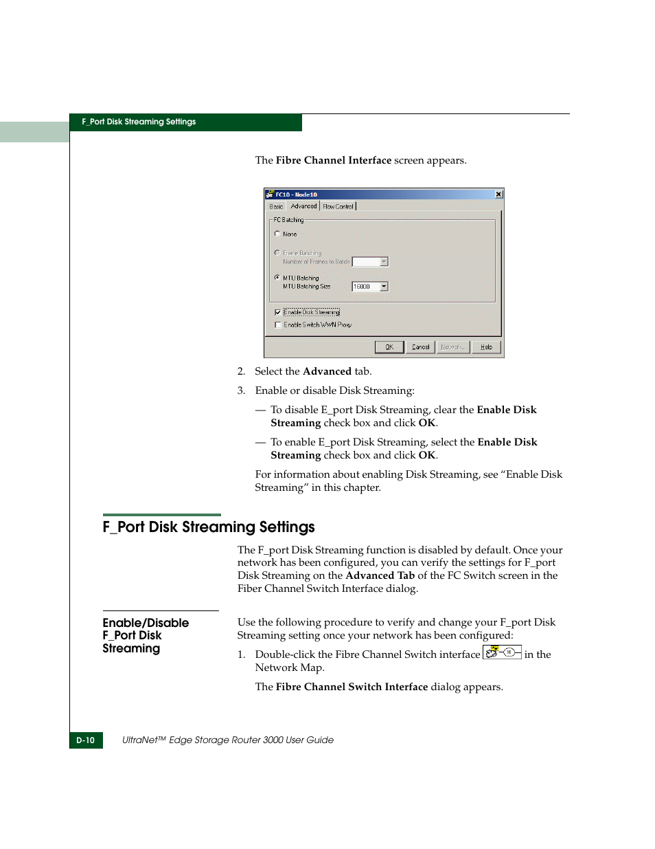 F_port disk streaming settings, Enable/disable f_port disk streaming | McDATA ULTRANETTM EDGE STORAGE ROUTER 3000 User Manual | Page 382 / 428