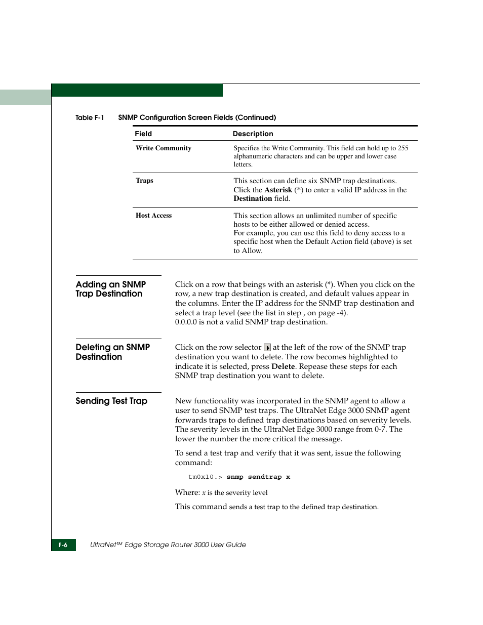 Adding an snmp trap destination, Deleting an snmp destination, Sending test trap | Adding an snmp trap, Destination” se | McDATA ULTRANETTM EDGE STORAGE ROUTER 3000 User Manual | Page 394 / 428