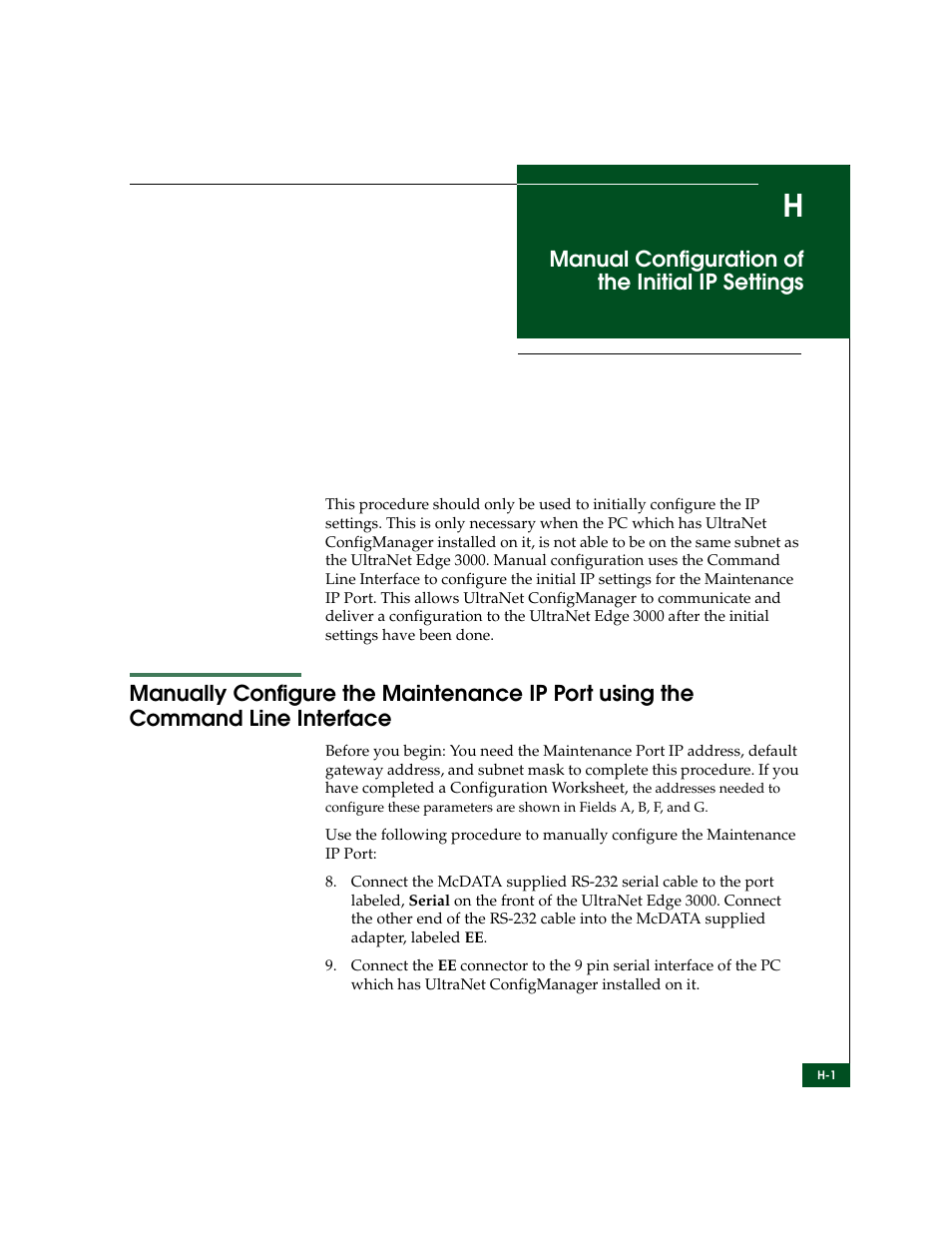 Manual configuration of the initial ip settings, Appendix h | McDATA ULTRANETTM EDGE STORAGE ROUTER 3000 User Manual | Page 401 / 428