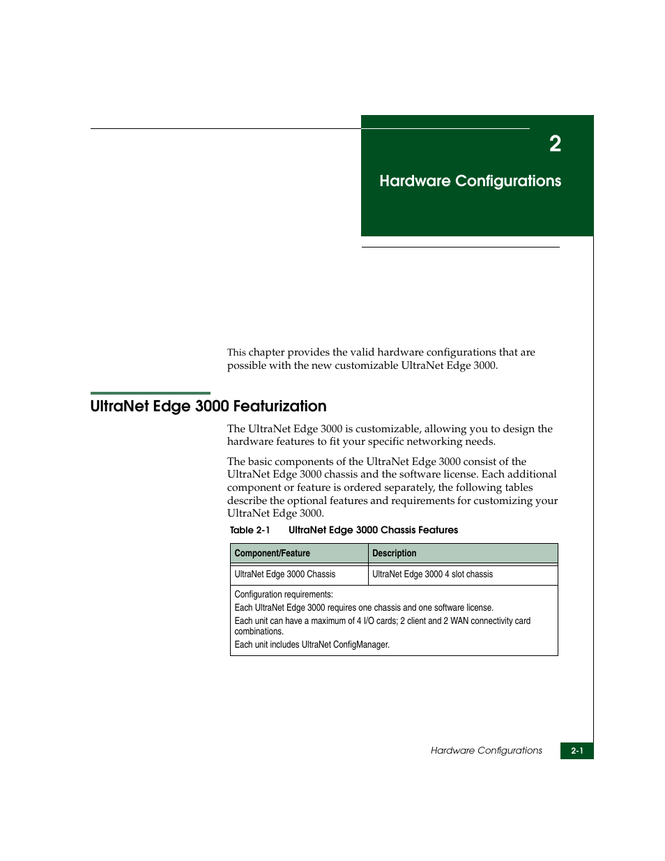 Hardware configurations, Ultranet edge 3000 featurization, Chapter 2 | Ultranet edge 3000 featurization -1, Ultranet edge 3000 chassis features -1 | McDATA ULTRANETTM EDGE STORAGE ROUTER 3000 User Manual | Page 41 / 428