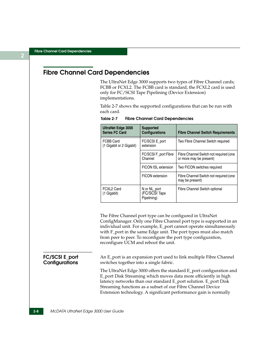 Fibre channel card dependencies, Fc/scsi e_port configurations, Fibre channel card dependencies -8 | Fc/scsi e_port configurations -8 | McDATA ULTRANETTM EDGE STORAGE ROUTER 3000 User Manual | Page 48 / 428