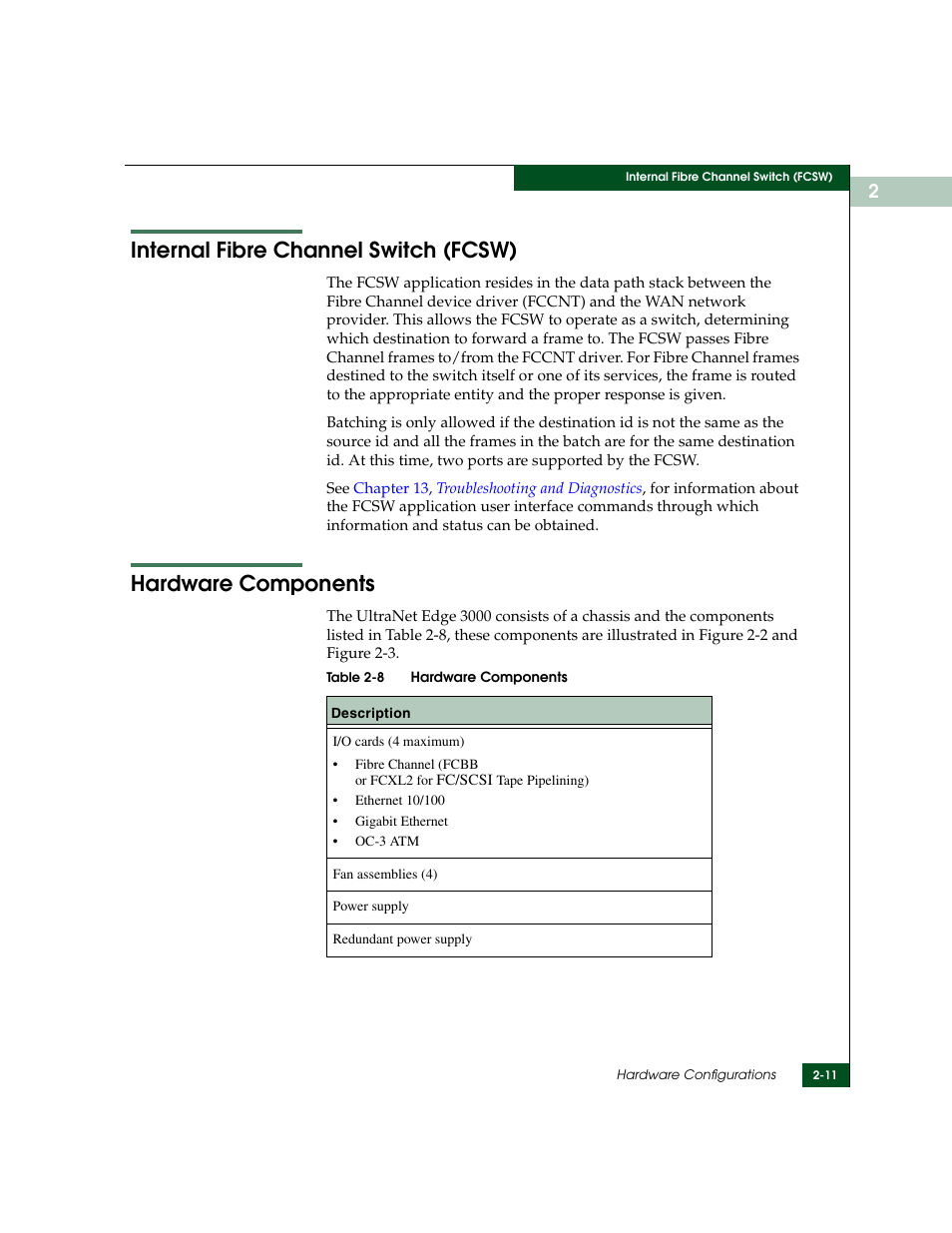 Internal fibre channel switch (fcsw), Hardware components, Hardware components -11 | McDATA ULTRANETTM EDGE STORAGE ROUTER 3000 User Manual | Page 51 / 428