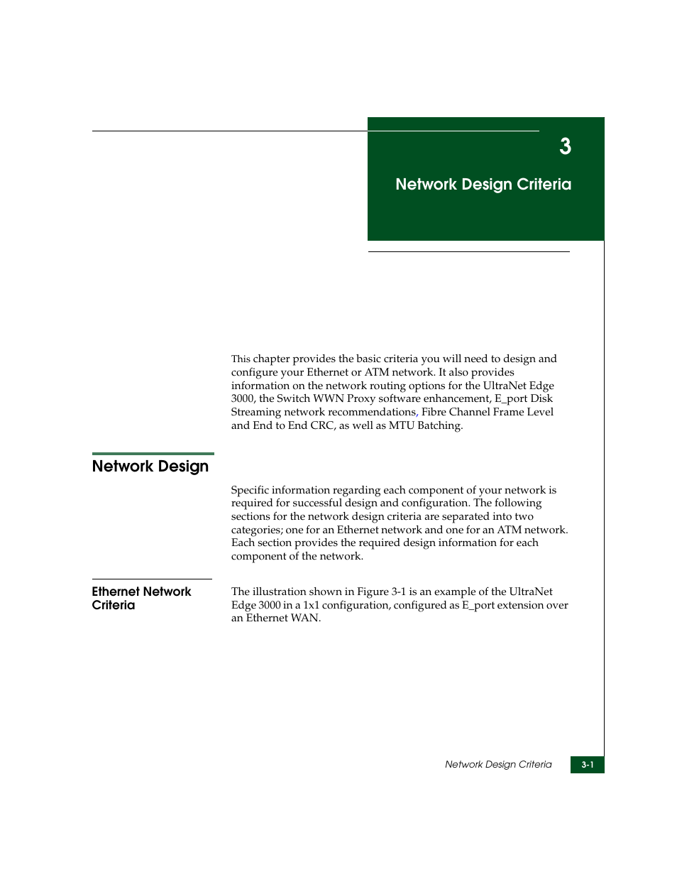 Network design criteria, Network design, Ethernet network criteria | Chapter 3, Network design -1, Ethernet network criteria -1 | McDATA ULTRANETTM EDGE STORAGE ROUTER 3000 User Manual | Page 55 / 428