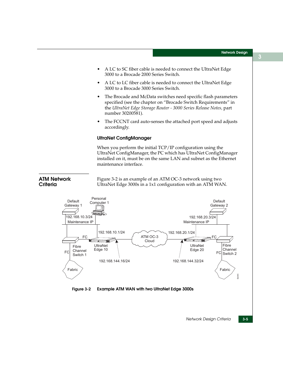 Atm network criteria, Atm network criteria -5, Example atm wan with two ultranet edge 3000s -5 | McDATA ULTRANETTM EDGE STORAGE ROUTER 3000 User Manual | Page 59 / 428