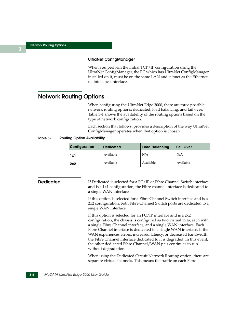 Network routing options, Dedicated, Network routing options -8 | Dedicated -8, Routing option availability -8 | McDATA ULTRANETTM EDGE STORAGE ROUTER 3000 User Manual | Page 62 / 428