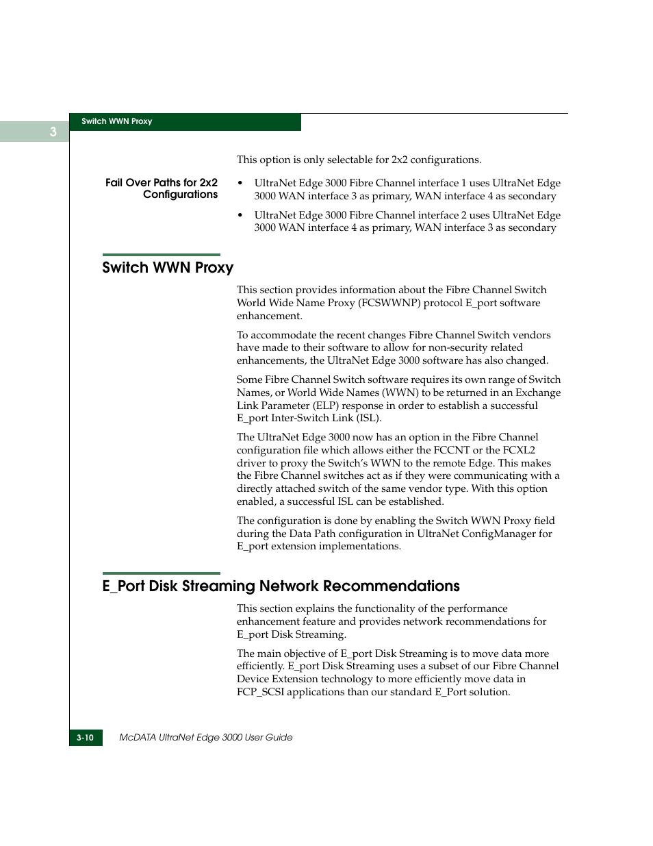 Switch wwn proxy, E_port disk streaming network recommendations | McDATA ULTRANETTM EDGE STORAGE ROUTER 3000 User Manual | Page 64 / 428