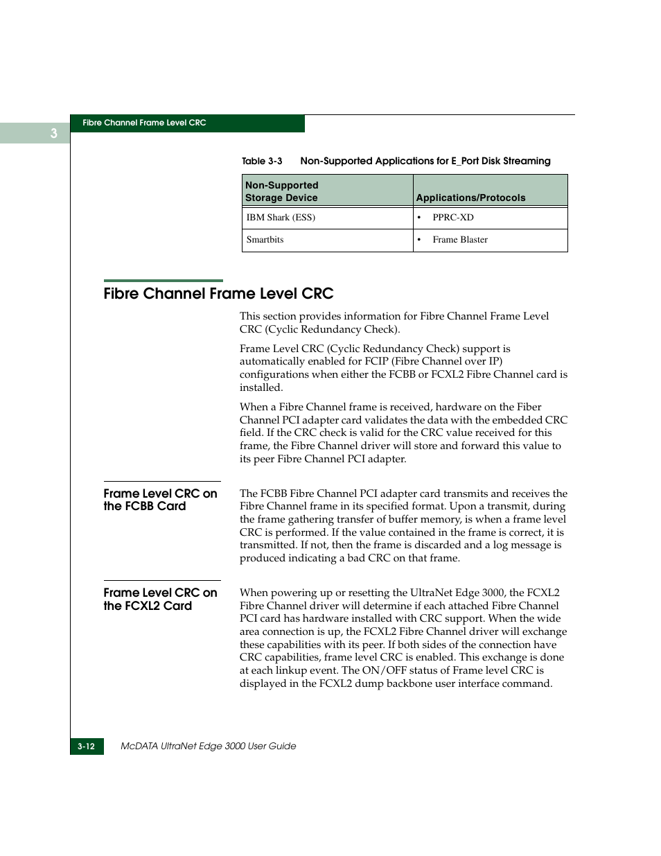 Fibre channel frame level crc, Frame level crc on the fcbb card, Frame level crc on the fcxl2 card | Fibre channel frame level crc -12 | McDATA ULTRANETTM EDGE STORAGE ROUTER 3000 User Manual | Page 66 / 428