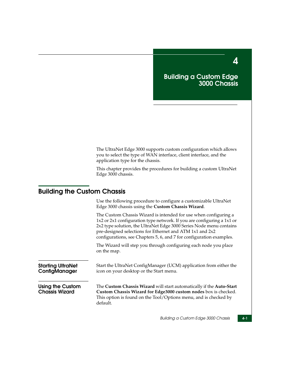 Building a custom edge 3000 chassis, Building the custom chassis, Starting ultranet configmanager | Using the custom chassis wizard, Chapter 4, Building the custom chassis -1 | McDATA ULTRANETTM EDGE STORAGE ROUTER 3000 User Manual | Page 69 / 428