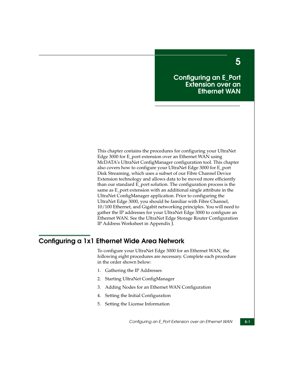 Configuring a 1x1 ethernet wide area network, Chapter 5, Configuring a 1x1 ethernet wide area network -1 | Configuring, An e_port extension over an ethernet wan | McDATA ULTRANETTM EDGE STORAGE ROUTER 3000 User Manual | Page 77 / 428