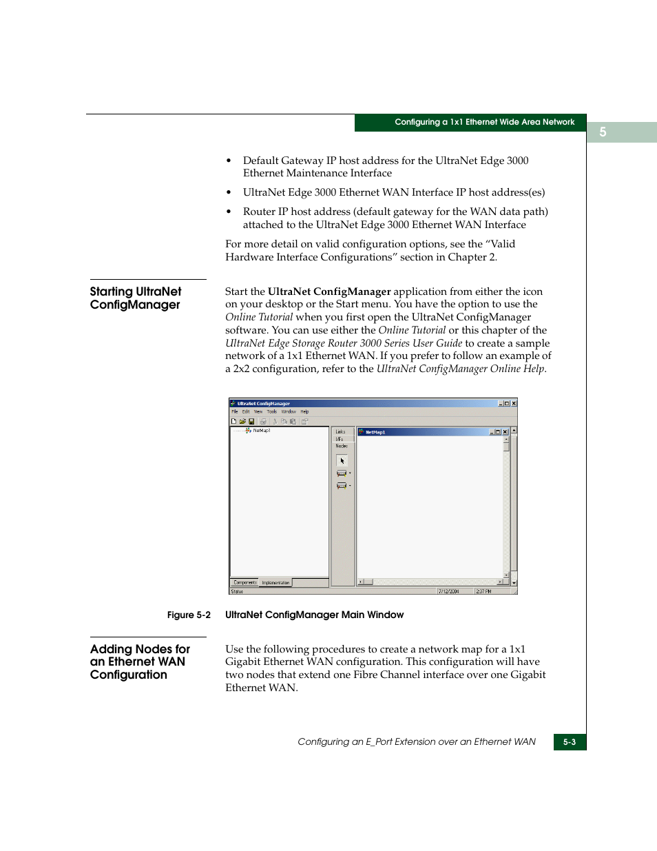 Starting ultranet configmanager, Adding nodes for an ethernet wan configuration, Ultranet configmanager main window -3 | McDATA ULTRANETTM EDGE STORAGE ROUTER 3000 User Manual | Page 79 / 428