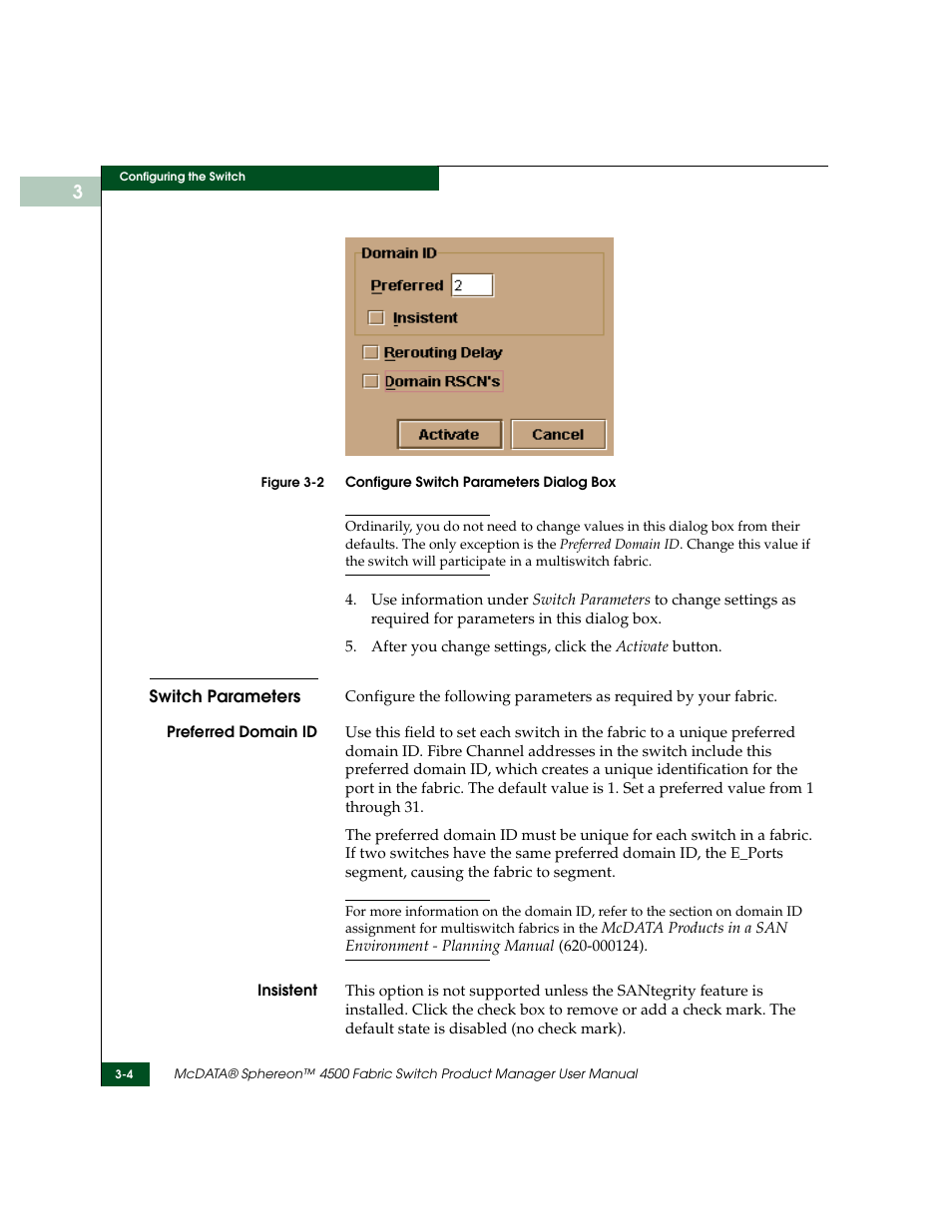 Switch parameters, Switch parameters -4, Configure switch parameters dialog box -4 | McDATA Sphereon 4500 User Manual | Page 100 / 216