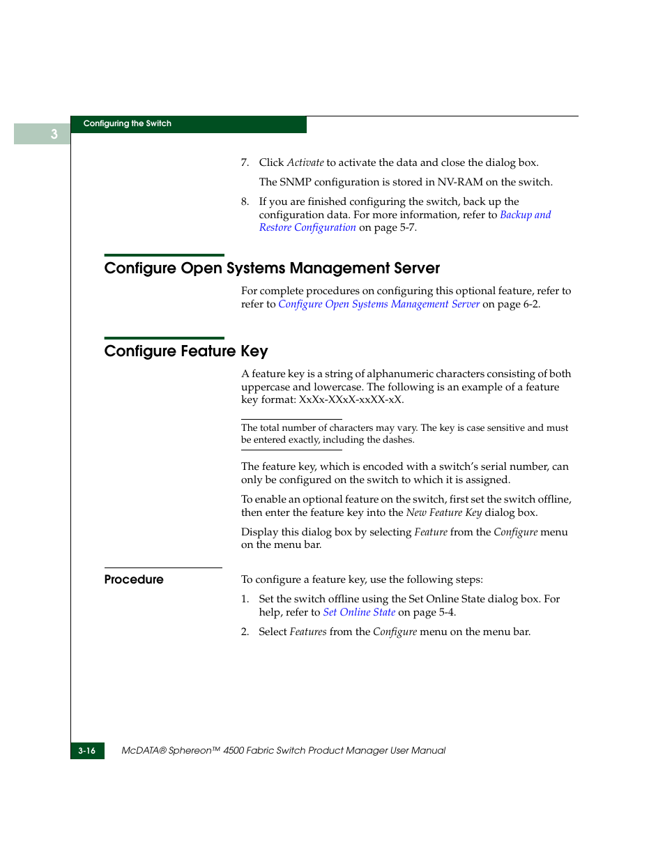 Configure open systems management server, Configure feature key, Procedure | Procedure -16, Ep 7 | McDATA Sphereon 4500 User Manual | Page 112 / 216