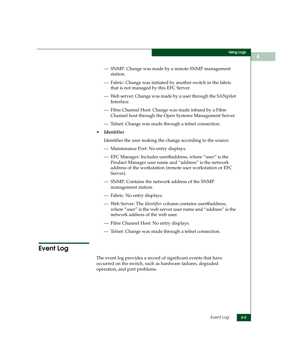 Event log, Event log -5 | McDATA Sphereon 4500 User Manual | Page 131 / 216