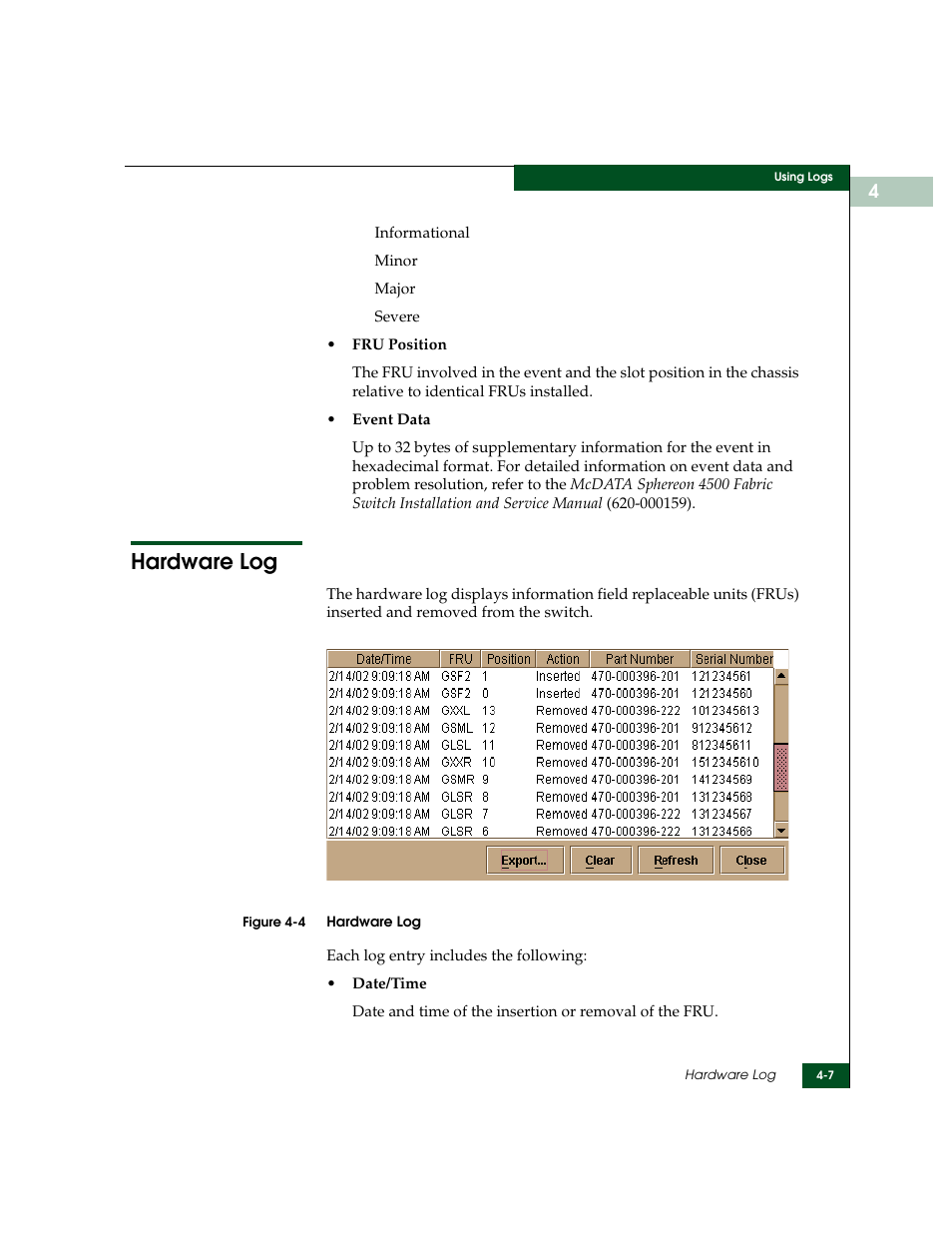 Hardware log, Hardware log -7 | McDATA Sphereon 4500 User Manual | Page 133 / 216