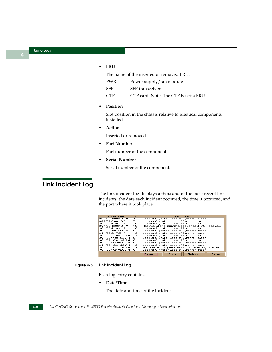 Link incident log, Link incident log -8 | McDATA Sphereon 4500 User Manual | Page 134 / 216