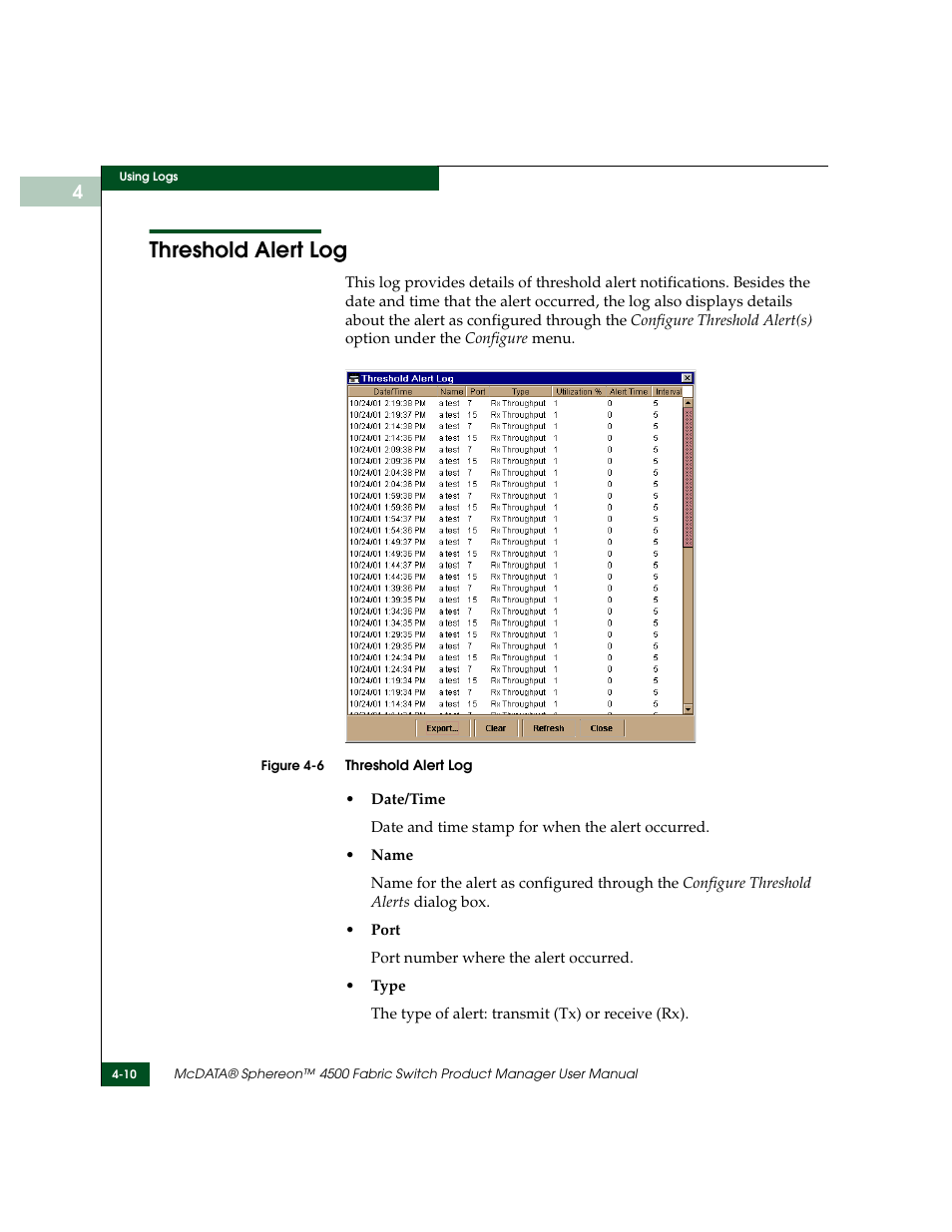 Threshold alert log, Threshold alert log -10 | McDATA Sphereon 4500 User Manual | Page 136 / 216