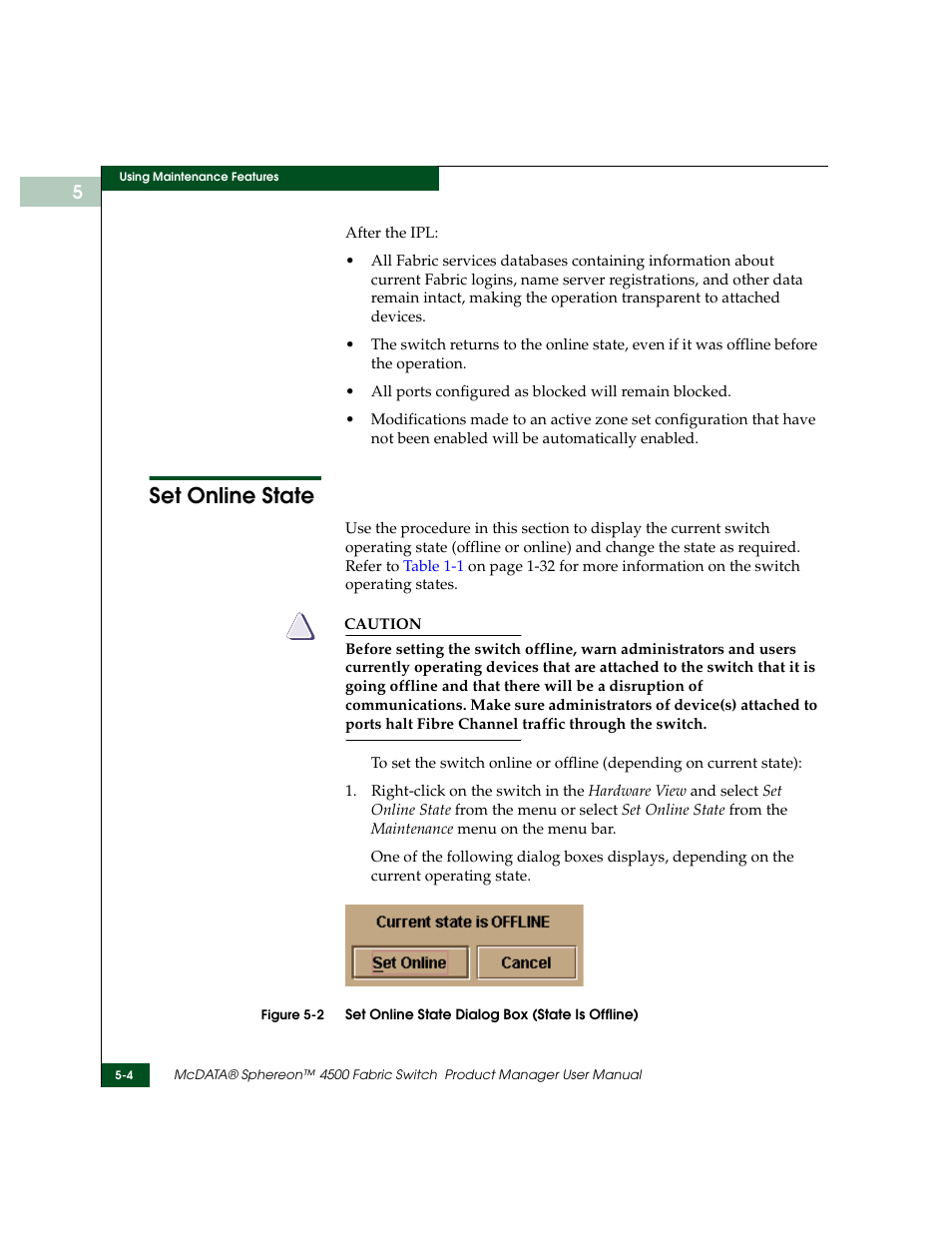 Set online state, Set online state -4, Set online state dialog box (state is offline) -4 | McDATA Sphereon 4500 User Manual | Page 142 / 216