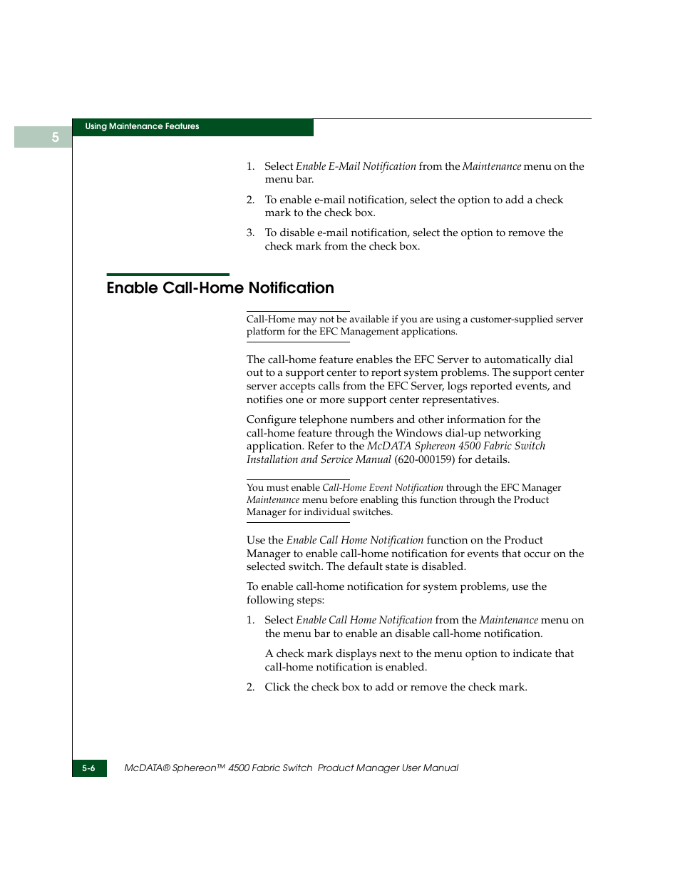 Enable call-home notification, Enable call-home notification -6 | McDATA Sphereon 4500 User Manual | Page 144 / 216