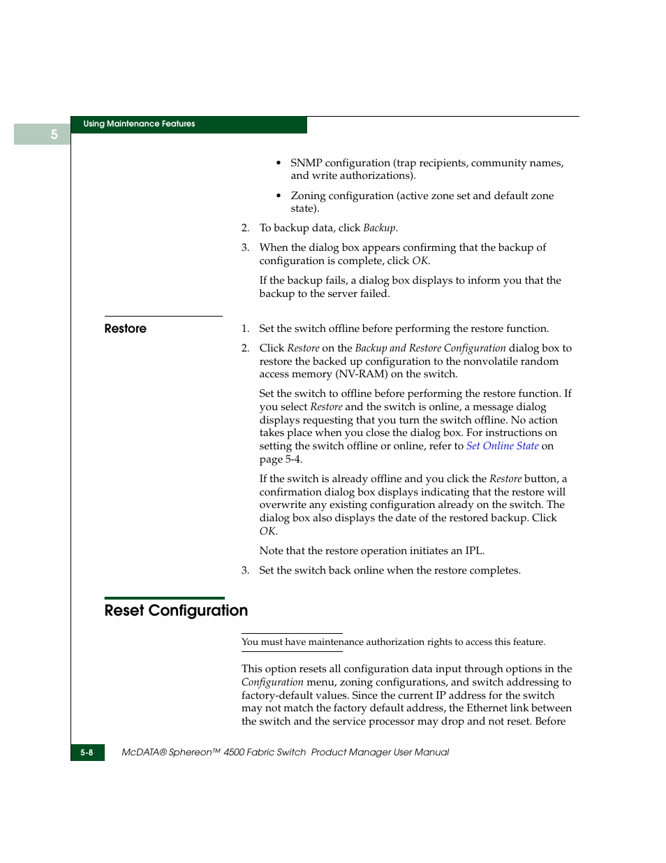 Restore, Reset configuration, Restore -8 | Reset configuration -8 | McDATA Sphereon 4500 User Manual | Page 146 / 216