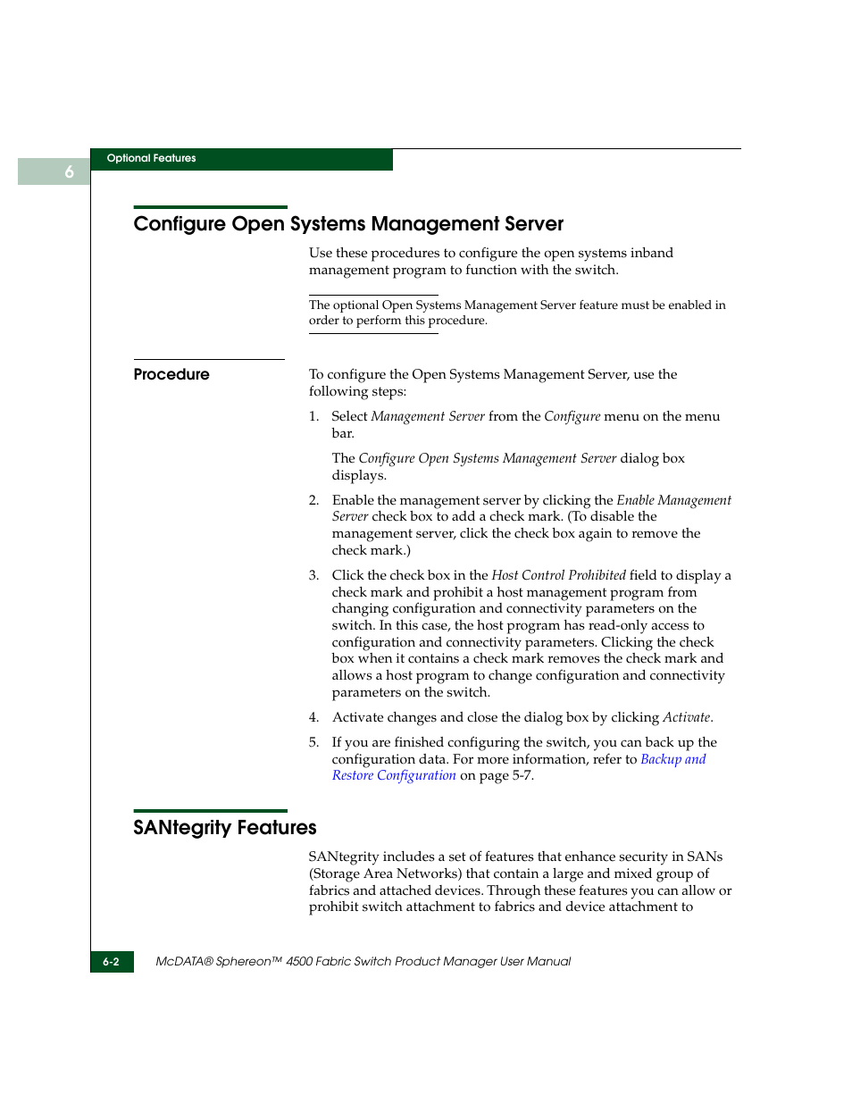 Configure open systems management server, Procedure, Santegrity features | Configure open systems management server -2, Procedure -2, Santegrity features -2 | McDATA Sphereon 4500 User Manual | Page 150 / 216